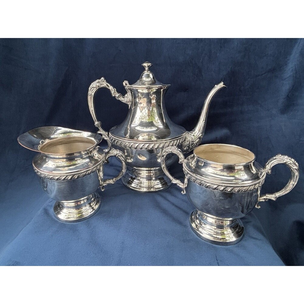 3-Piece Silverplate Tea/Coffee Set Lidded Pot Creamer Sugar Bowl Silver onCopper - Picture 12 of 16